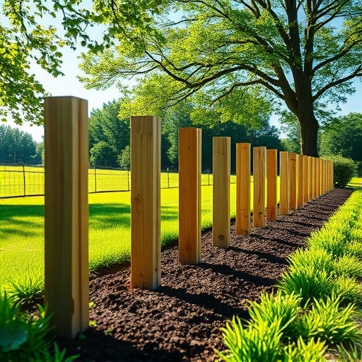 Completed fence post installation in Knoxville TN with wooden posts, dark soil, and lush greenery under a blue sky.