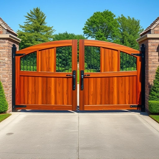 Double Drive Gate Installation in Knoxville TN showcases elegant wood and metal gates amid a lush landscaped setting.