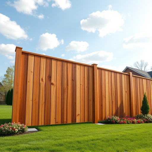 Completed wood fence installation in Mascot TN with cedar planks, lush lawn, and vibrant flowers in a serene setting.