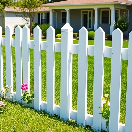 Completed white picket fence in Knoxville TN surrounded by green grass and blooming flowers with a charming home backdrop
