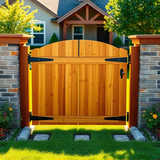 Completed wooden gate repair in Knoxville TN, surrounded by green grass and flower beds in a charming yard setting.