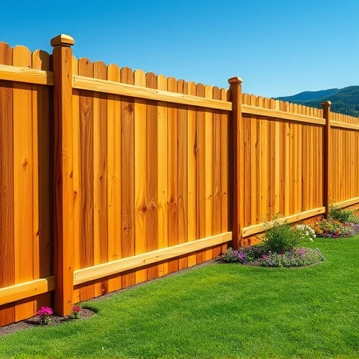 Completed wooden privacy fence in Jacksboro TN with lush lawn and flower beds under a clear blue sky.