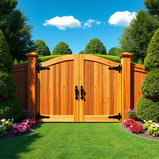 Completed wooden fence gate installation in Knoxville TN with wrought iron accents, lush lawn, and clear blue sky.