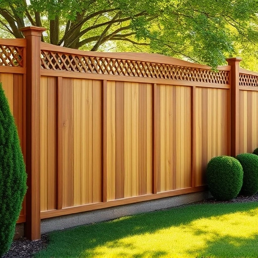 Completed lattice-top privacy fence in Knoxville TN with wooden details and manicured lawn under soft sunlight.