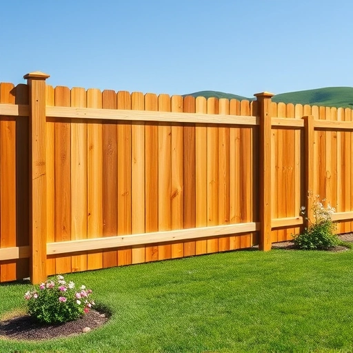 Stockade fence installation in Knoxville TN with wooden panels, lush grass, flowering plants, and rolling hills.
