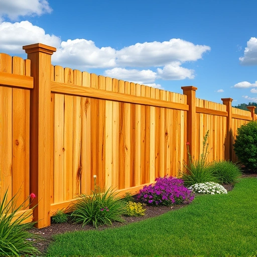 Completed wood fence installation in Oliver Springs TN with natural wood, lush lawns, and vibrant flowers.