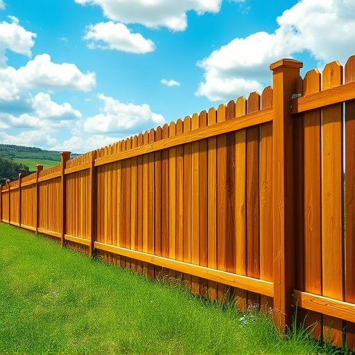 Newly built wooden fence in Knoxville TN, stained brown, surrounded by lush greenery and vibrant blue sky.