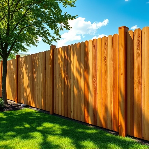 Vertical wood fence installation in Knoxville TN surrounded by lush lawn, trees, and distant hills under a blue sky.