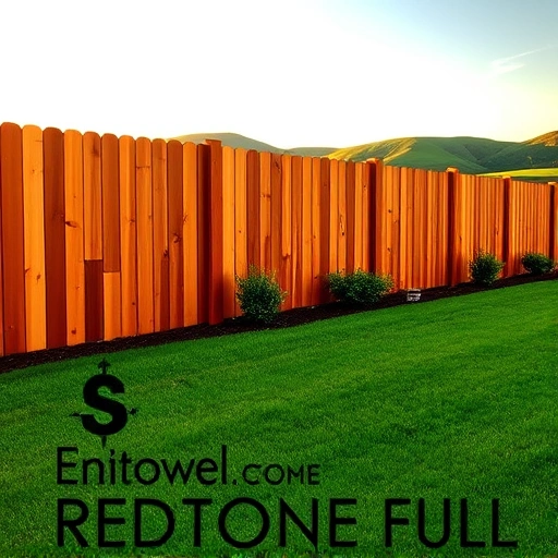 Redwood fence installation in Knoxville TN with rich hues and natural grain, set against lush lawn and rolling hills.