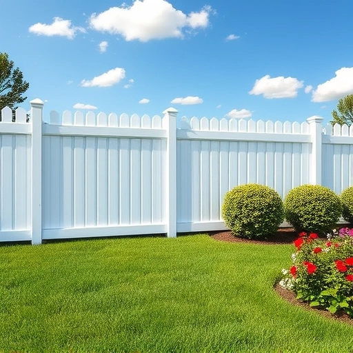 Vinyl fence installation in Knoxville TN with a white fence, green grass, and colorful flowers in a serene yard.