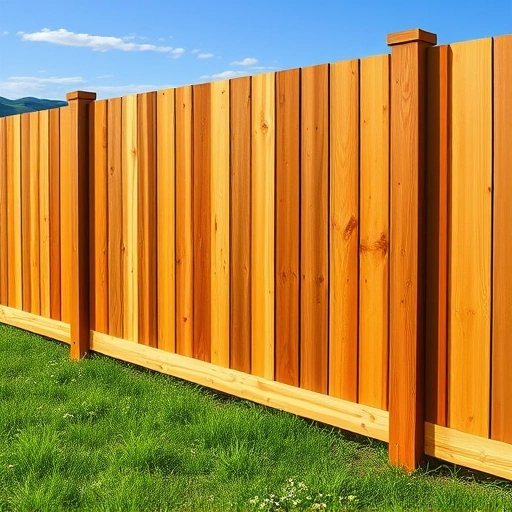 Completed wooden fence installation in Wartburg TN with stained slats, vibrant lawn, and scenic hills under blue sky.