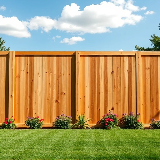 Completed wood fence installation in Farragut TN with natural wood grain, vibrant flowers, and clear blue sky.