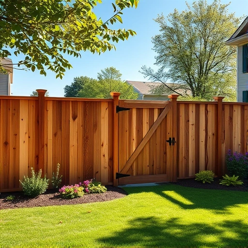 Completed wood fence installation in Powell TN, featuring cedar panels, vibrant flowers, and a serene backyard.