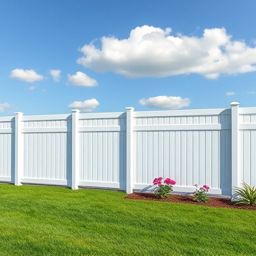 Completed vinyl fence installation in Knoxville TN showcases pristine white panels with lush lawn and flower beds.