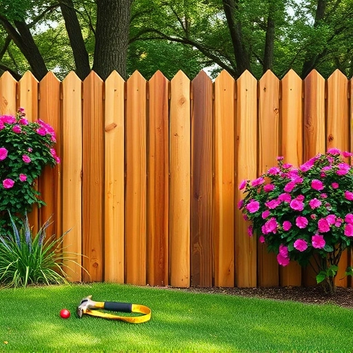Completed wood fence repair in Knoxville TN showcasing craftsmanship, rich wood tones, tools, and lush greenery.