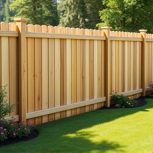 Wooden fence installation in Harriman TN with lush lawn, flower beds, and trees, showcasing craftsmanship and quality.
