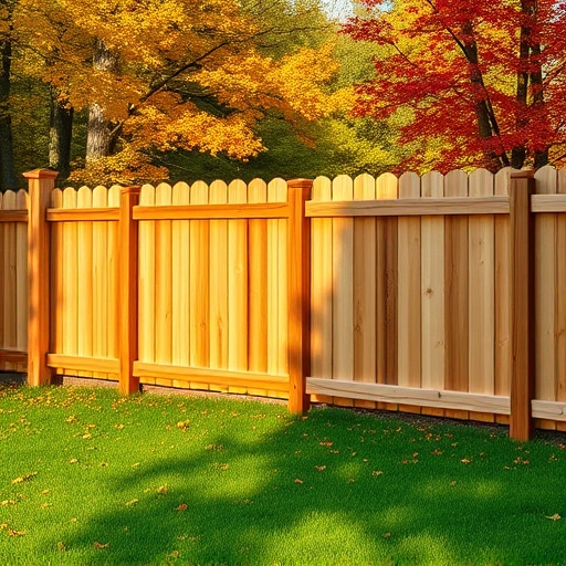 Beautiful wooden fence installation in Midway TN surrounded by vibrant autumn foliage and lush green grass.