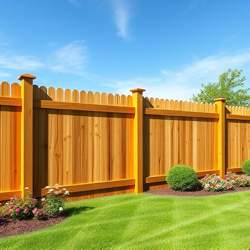 Beautiful wooden fence installation in Friendsville TN surrounded by vibrant grass and flower beds under a clear blue sky