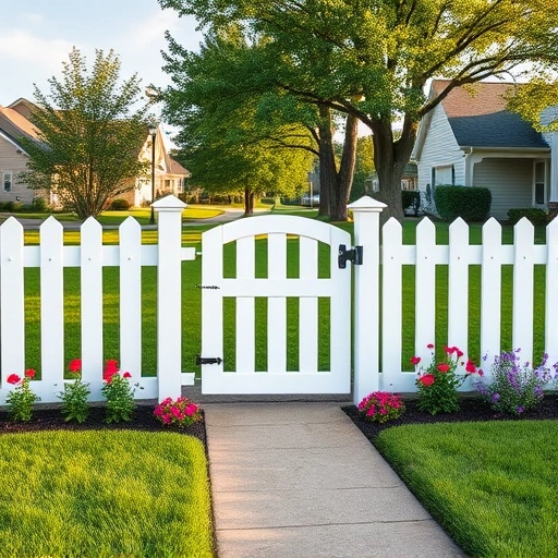 Completed picket fence in Knoxville TN, white color with lush grass and flowerbeds, showcasing craftsmanship and detail.