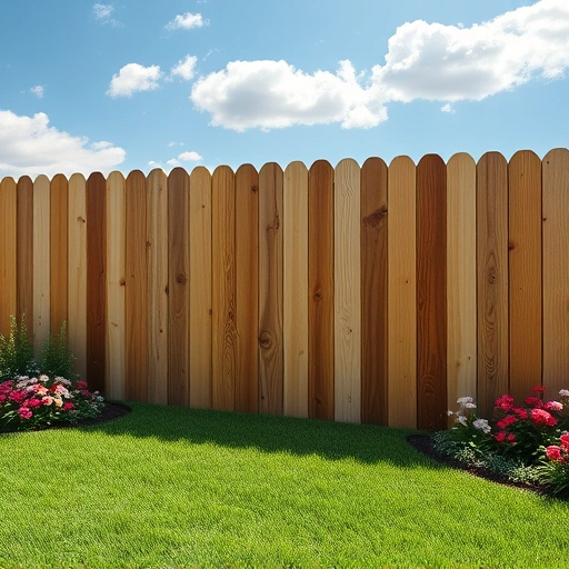 Completed wood fence installation in Loudon TN surrounded by a manicured lawn and vibrant flower beds under a blue sky.