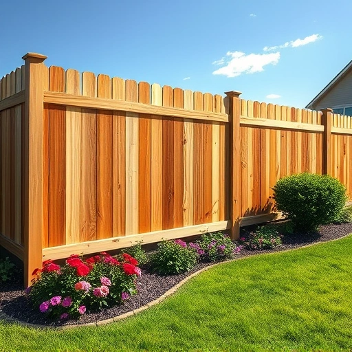 Completed wooden and vinyl fencing in Seymour TN showcases craftsmanship amid a lush lawn and vibrant flowers.