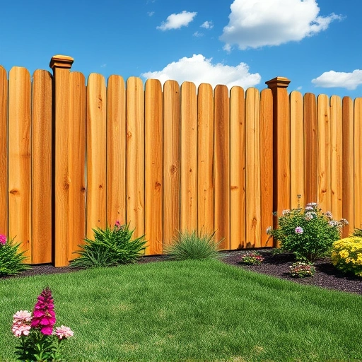 Completed wooden fence in La Follette TN surrounded by lush lawn and vibrant flowerbeds under a sunny blue sky.