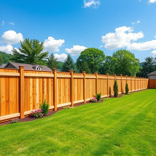 Beautiful wooden fence in Andersonville TN, enhancing a manicured yard with vibrant grass and flower beds.