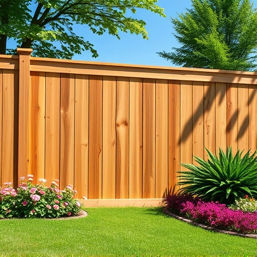 Completed cedar wood fence in Blaine TN, showcasing craftsmanship amidst lush greenery and vibrant flowers.