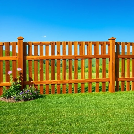 Completed wooden fence installation in Loudon TN surrounded by green grass and colorful flowers under a blue sky.