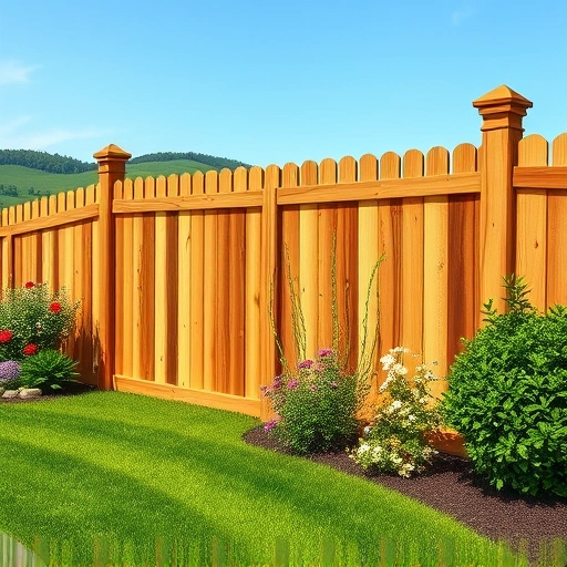 Beautiful wooden fence installation in Loudon TN with lush lawn, flowers, and rolling hills in a serene setting.