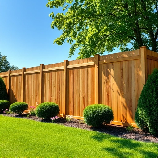 Wooden fence installation in Kingston TN surrounded by green lawn, flowers, and trees under a clear blue sky.