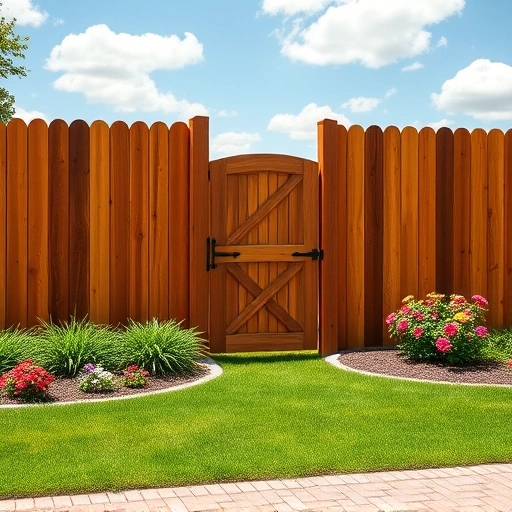 Freshly stained wooden fence in Knoxville TN gleams in sunlight, surrounded by vibrant flowers and lush grass.