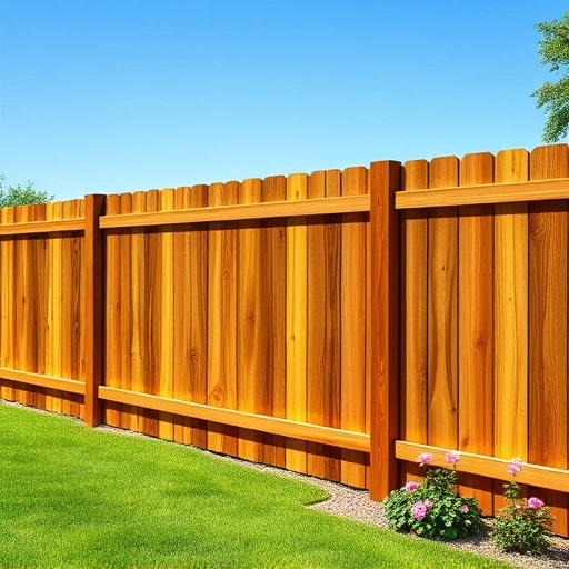Beautiful wooden fence installation in Concord TN, surrounded by lush grass, flowers, and a clear blue sky.