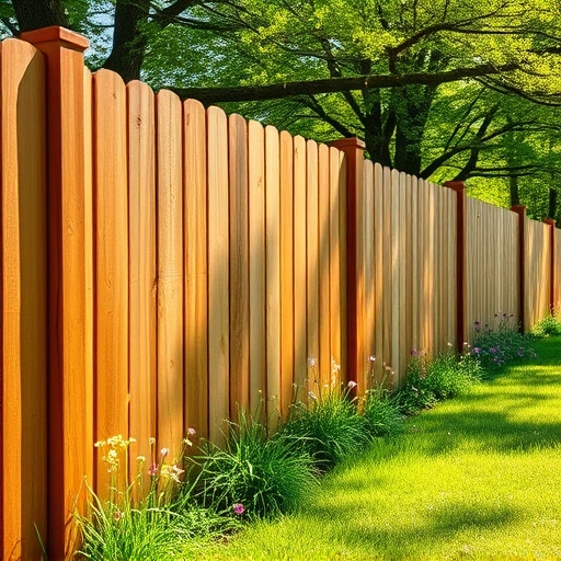Completed wooden fence installation in La Follette TN, showcasing craftsmanship amidst lush grass and wildflowers.