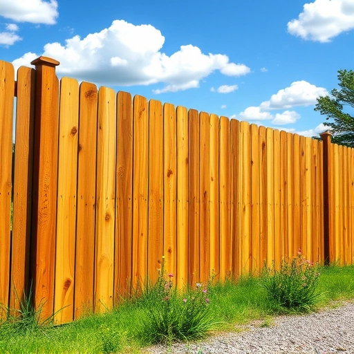 Wooden fence made of cedar planks in Knoxville TN, surrounded by green grass, wildflowers, and rolling hills.