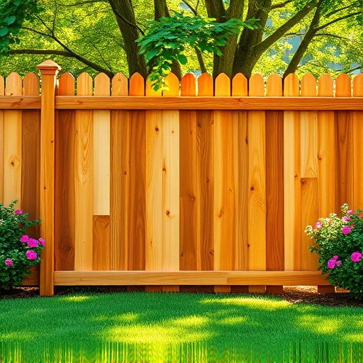 Completed wood fence installation in Corryton TN surrounded by green grass and flowering shrubs under soft sunlight.