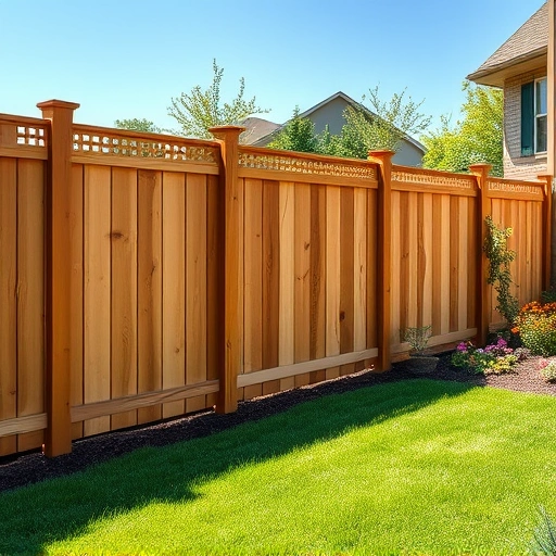 Completed cedar wood fence installation in Midway TN, featuring aligned panels and a vibrant garden backdrop.