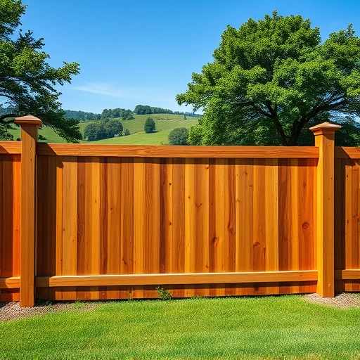 Completed cedar wood fence installation in New Tazewell TN against green grass, hills, and blue sky. Expert craftsmanship.