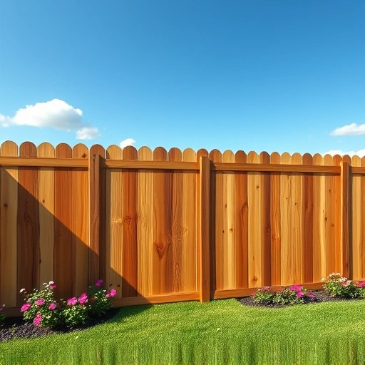 Completed wood fence installation in Kingsport TN with detailed wooden planks in a vibrant green lawn and blue sky.
