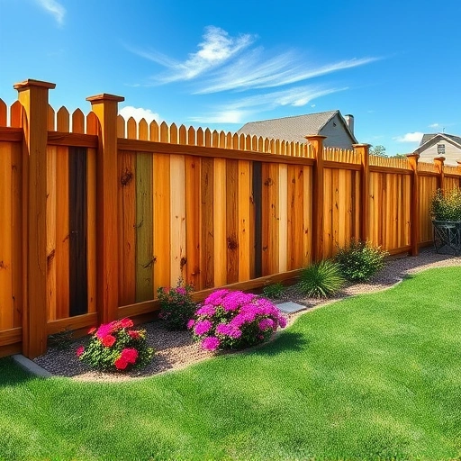 Beautiful wooden fence in Friendsville TN, surrounded by lush grass and colorful flower beds under a blue sky.