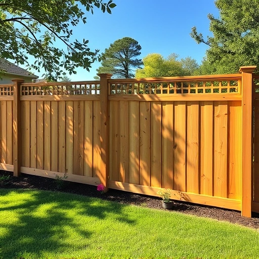 Completed Lattice-Top Privacy Fence in Knoxville TN with detailed wood grain, showcasing craftsmanship in a serene landscape.