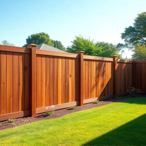 Completed wood fence installation in Midway, TN with polished planks, warm brown stain, and serene backyard setting.