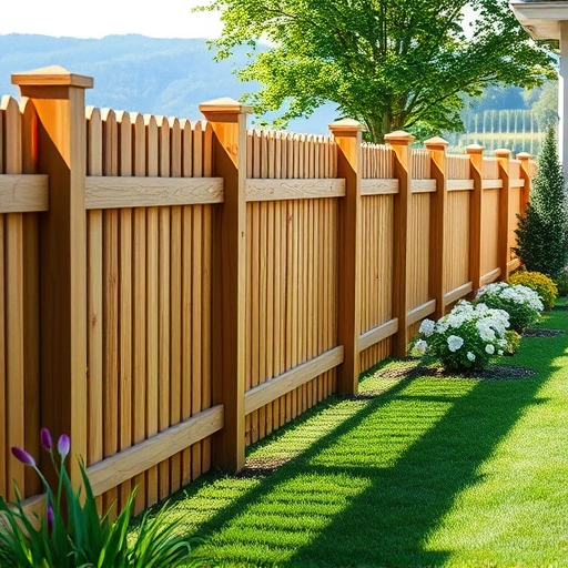Completed wooden fence in Harriman TN, showcasing craftsmanship with lush grass and vibrant flowers nearby.