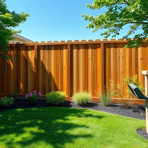 Completed wood fence installation in Strawberry Plains TN surrounded by lush greenery and vibrant landscaping elements.
