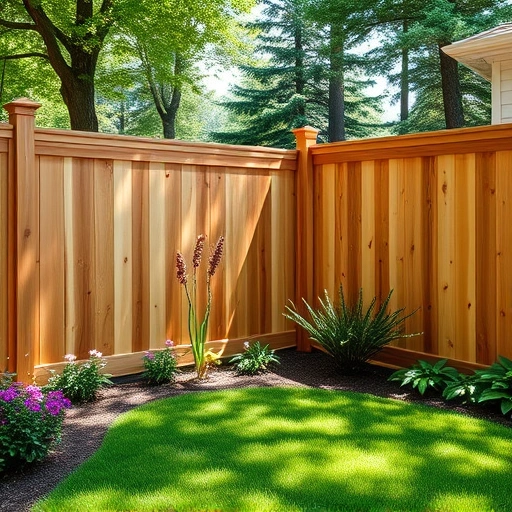 Beautiful wooden fence in serene Sevierville TN backyard, surrounded by lush grass, flowers, and tall trees.