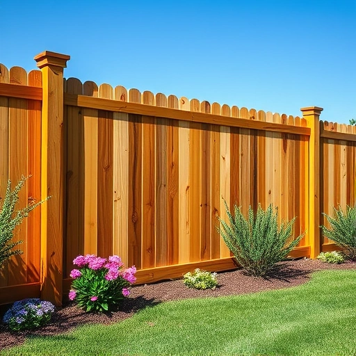 Completed wood fence installation in Newport TN with natural wood, lush lawn, vibrant flowers, and clear blue sky.