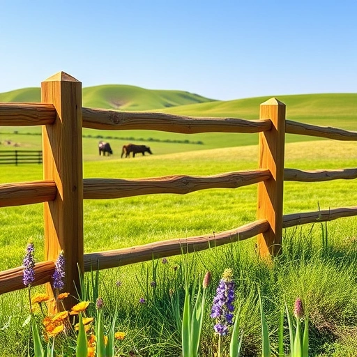 Post and Rail Fence installation in Knoxville TN with polished wood, rolling hills, wildflowers, and blue sky backdrop.