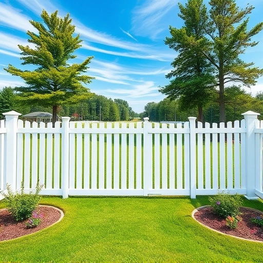 Vinyl fence installation in Knoxville TN, showcasing pristine white fencing around a lush green yard and tall trees.