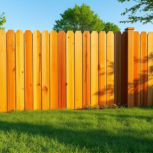 Completed cedar wood fence installation in Knoxville TN with lush grass, flowers, hills, and blue sky.