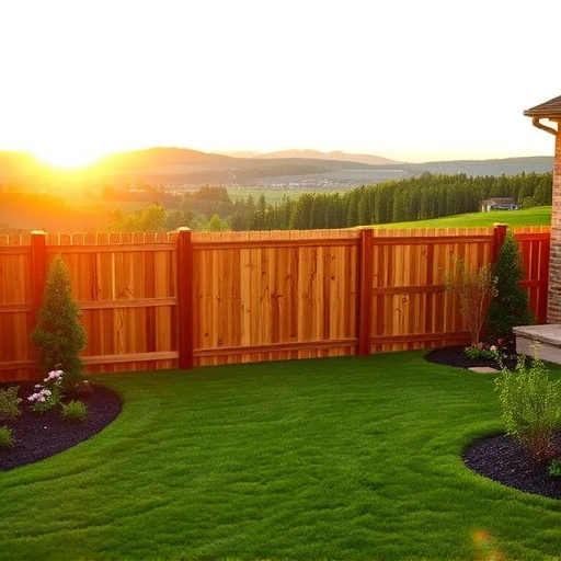 Completed wooden fence installation in La Follette TN, surrounded by greenery and a serene landscape at sunset.